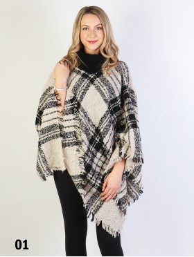 Loose Neck Poncho W/ Plaid